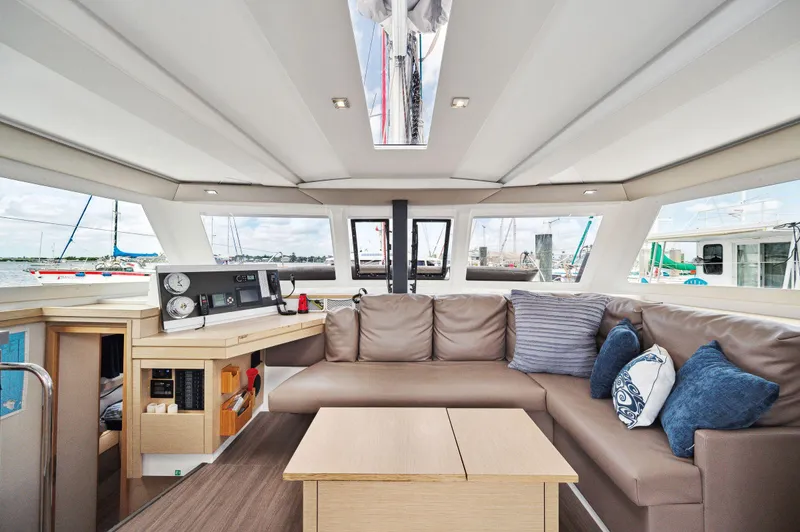 Sabai Sabai Yacht Photos Pics Interior of 2018 Fountaine Pajot Lucia 40 catamaran with modern seating and navigation area.