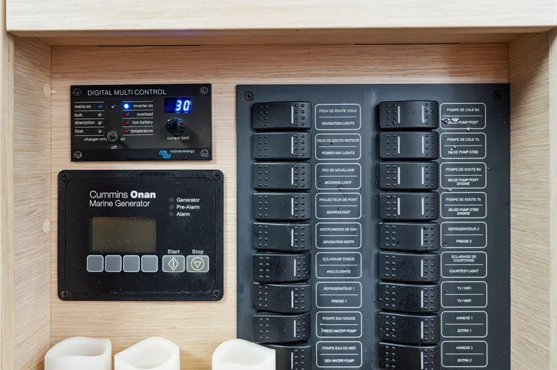 Sabai Sabai Yacht Photos Pics Control panel of 2018 Fountaine Pajot Lucia 40 with Cummins Onan marine generator.