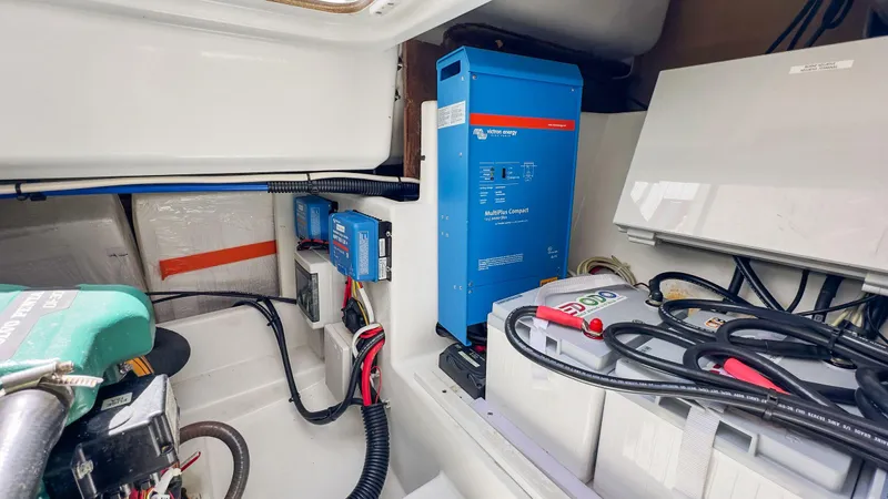 Sabai Sabai Yacht Photos Pics Electrical system of 2018 Fountaine Pajot Lucia 40 catamaran, featuring batteries and wiring.