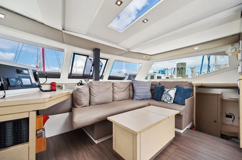 Sabai Sabai Yacht Photos Pics Interior of 2018 Fountaine Pajot Lucia 40 catamaran with modern seating and navigation area.