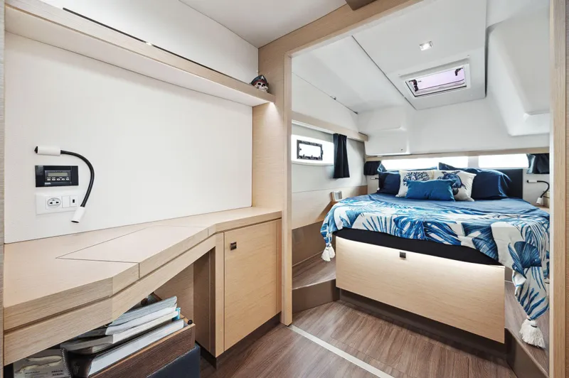 Sabai Sabai Yacht Photos Pics Luxurious interior of 2018 Fountaine Pajot Lucia 40 catamaran with cozy bedroom.