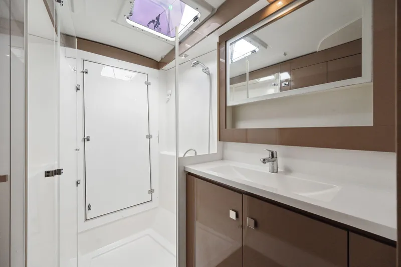 Sabai Sabai Yacht Photos Pics Modern bathroom interior of 2018 Fountaine Pajot Lucia 40 catamaran.