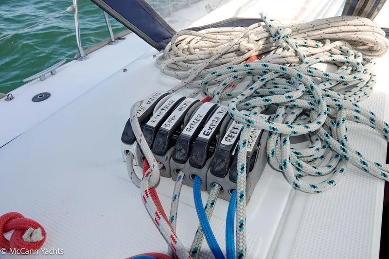  Yacht Photos Pics Rope clutches and lines on a 2005 Beneteau First 44.7 sailboat deck.