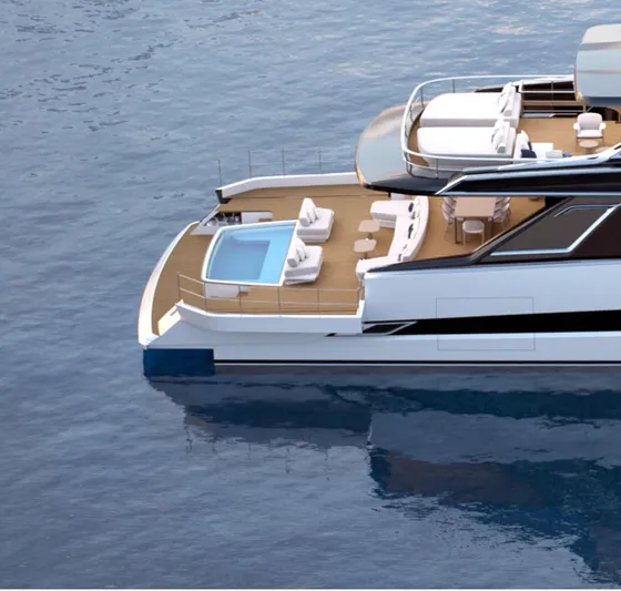 Viper 100 Yacht Photos Pics Luxury ISA Viper 100 yacht, 2027 model, with spacious deck and pool on calm waters.