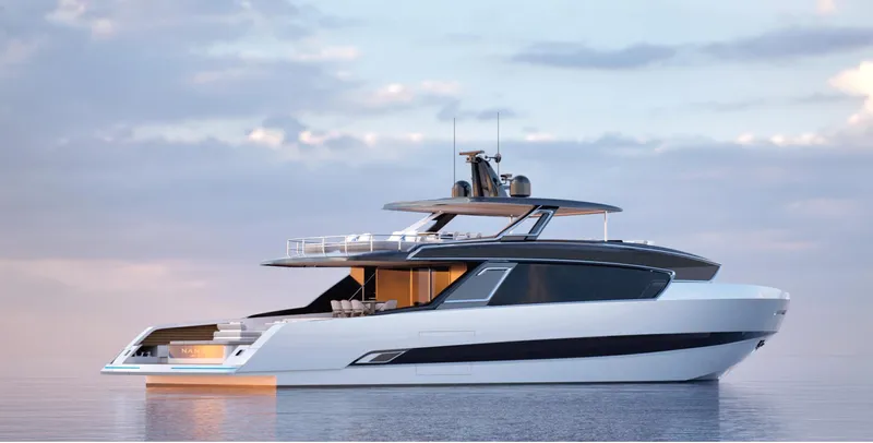 Viper 100 Yacht Photos Pics Luxury yacht ISA Viper 100, 2027 model, on calm waters at sunset.