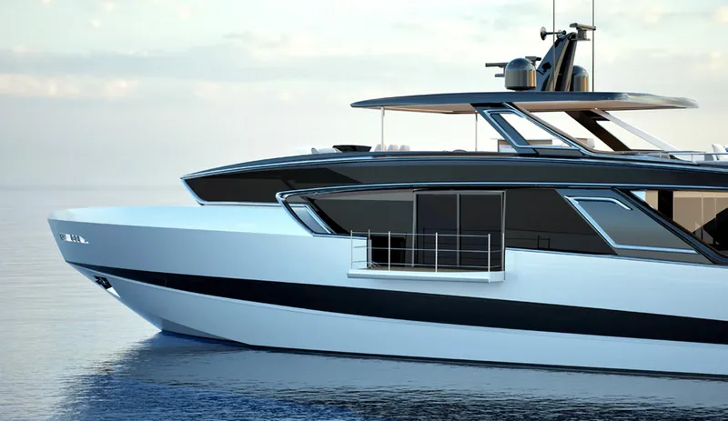 Viper 100 Yacht Photos Pics Sleek 2027 ISA Viper 100 yacht on calm water, showcasing modern design.