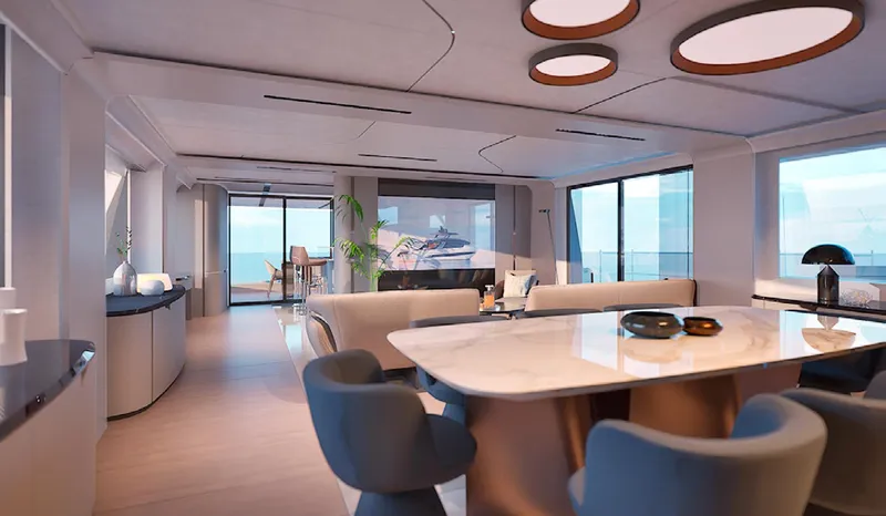Viper 100 Yacht Photos Pics Luxurious yacht interior with modern dining area, panoramic windows, and elegant decor, ISA Viper 100, 2027.