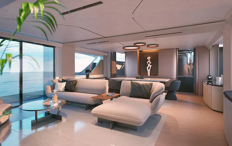 Viper 100 Yacht Photos Pics Luxurious interior of 2027 ISA Viper 100 yacht with modern furnishings and ocean view.