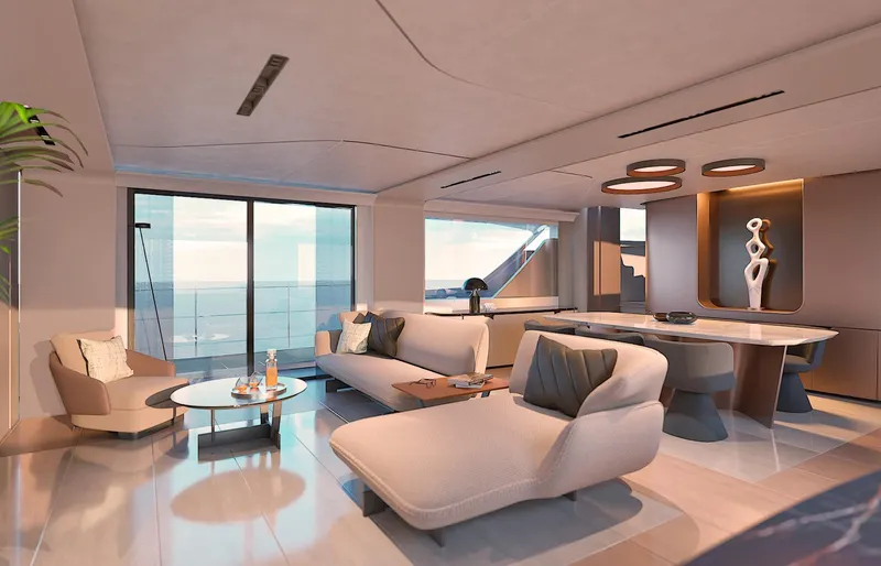 Viper 100 Yacht Photos Pics Luxurious yacht interior with modern design, featuring ocean views and elegant furnishings.