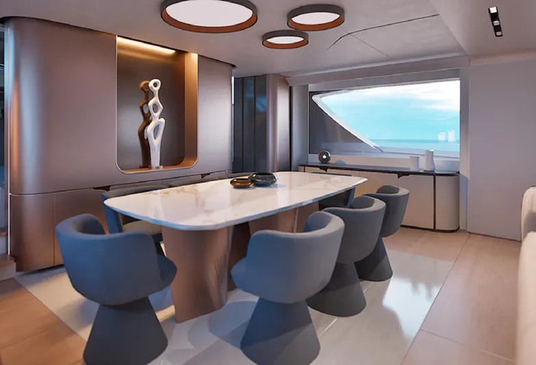 Viper 100 Yacht Photos Pics Luxurious interior of 2027 ISA Viper 100 yacht with modern dining area and ocean view.