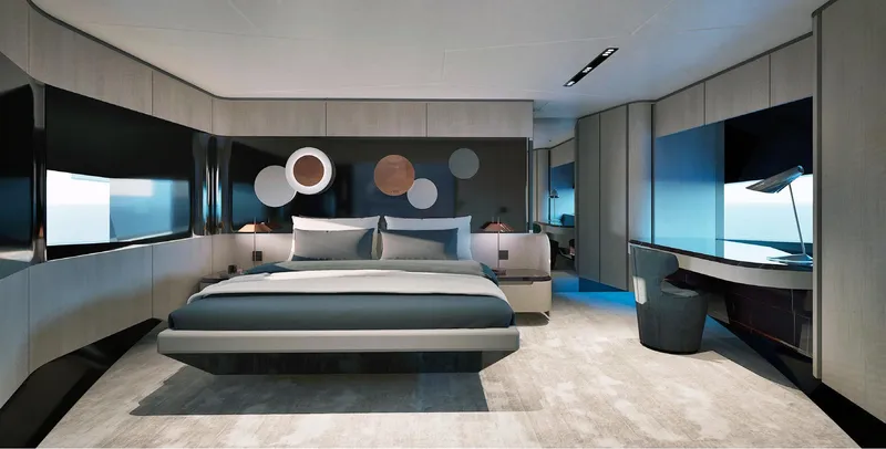 Viper 100 Yacht Photos Pics Luxurious bedroom interior on ISA Viper 100 yacht, 2027 model, with modern decor and ocean views.