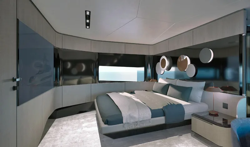 Viper 100 Yacht Photos Pics Luxurious bedroom interior of 2027 ISA Viper 100 yacht with modern design elements.