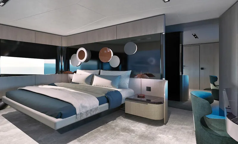 Viper 100 Yacht Photos Pics Luxurious bedroom interior in 2027 ISA Viper 100 yacht, featuring modern design and elegant decor.