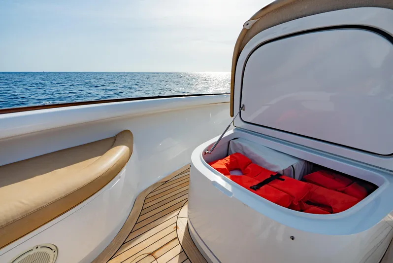 Off Course (name Reserved) Yacht Photos Pics 2018 Winter Custom Yachts 37 Custom Carolina with open storage, life jackets, and ocean view.