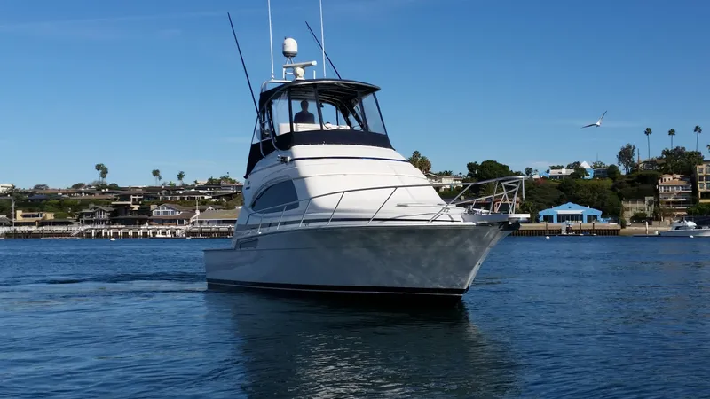 Mai Time Yacht Photos Pics 2001 Bertram 390 Convertible yacht cruising on a sunny day near the coastline.