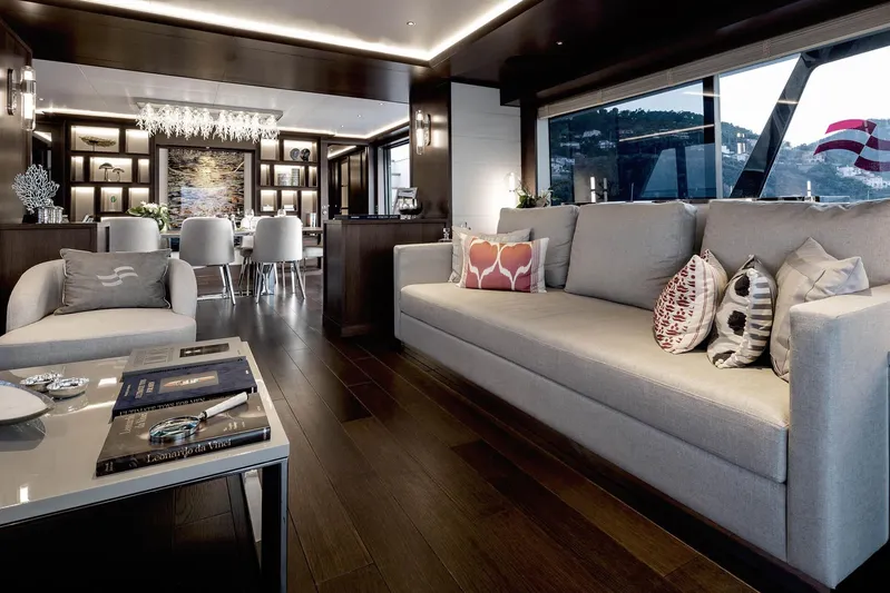  Yacht Photos Pics Luxurious interior of 2023 Sirena 88 yacht with elegant seating and modern decor.