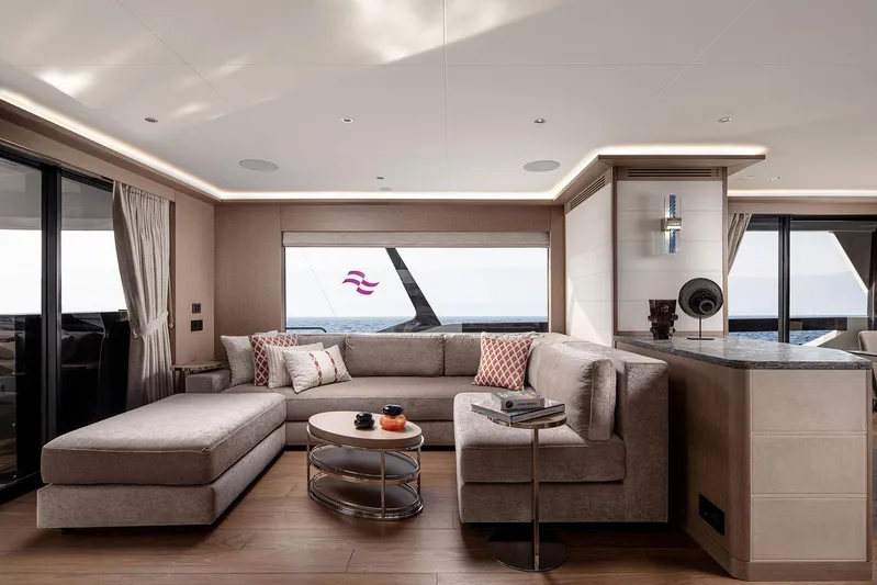  Yacht Photos Pics Luxurious interior of 2023 Sirena 88 yacht with modern furnishings and ocean view.
