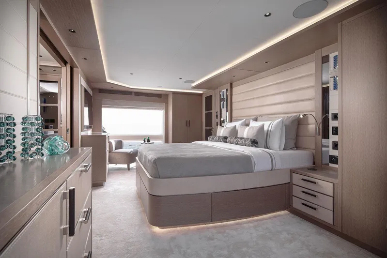  Yacht Photos Pics Luxurious bedroom interior of 2023 Sirena 88 yacht, featuring elegant design and modern amenities.