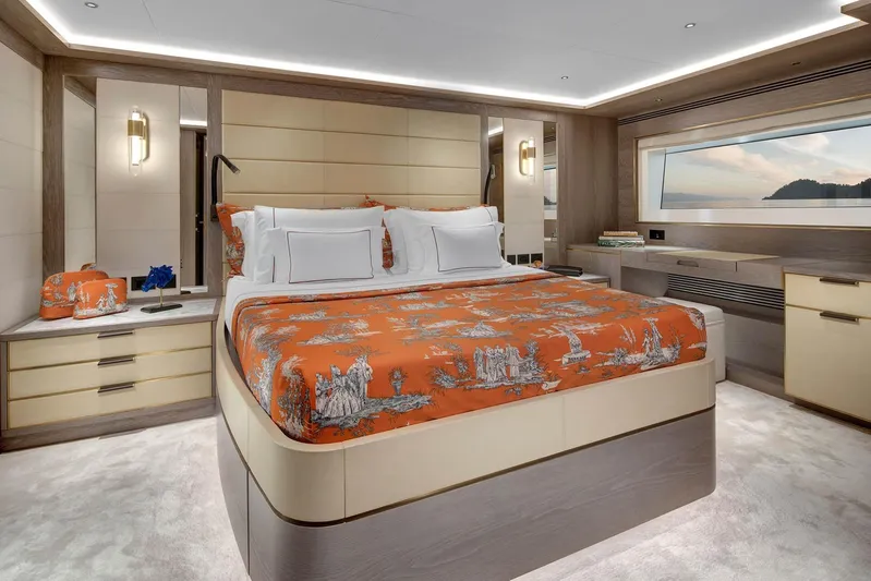  Yacht Photos Pics Luxurious Sirena 88 yacht bedroom, 2023 model, featuring elegant decor and scenic window view.