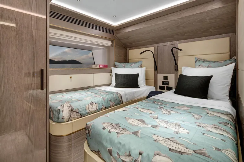  Yacht Photos Pics Luxurious twin cabin interior of 2023 Sirena 88 yacht with ocean view.