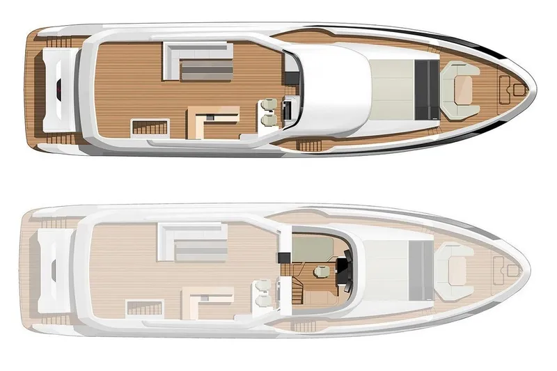 Yacht Photos Pics Floor plan of 2023 Sirena 88 yacht, showcasing upper and lower deck layouts.