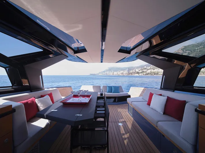  Yacht Photos Pics Luxurious 2022 Wally WALLYPOWER58 yacht interior with ocean view and elegant seating.