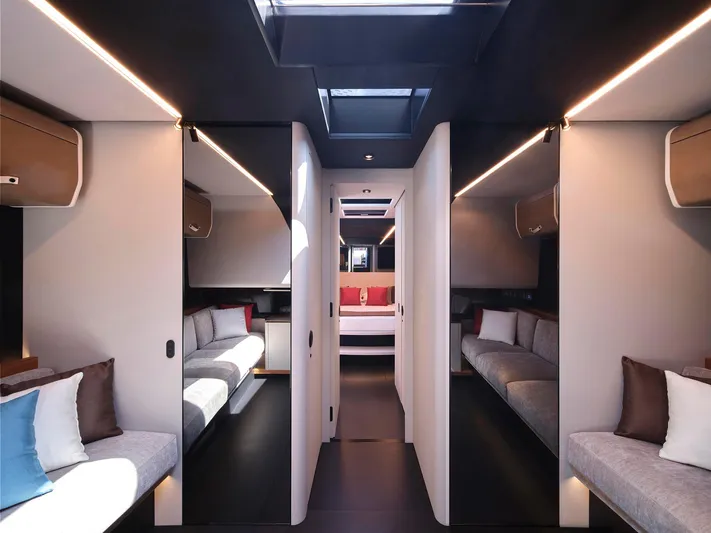  Yacht Photos Pics Luxurious interior of 2022 Wally WALLYPOWER58 yacht with modern design and ambient lighting.