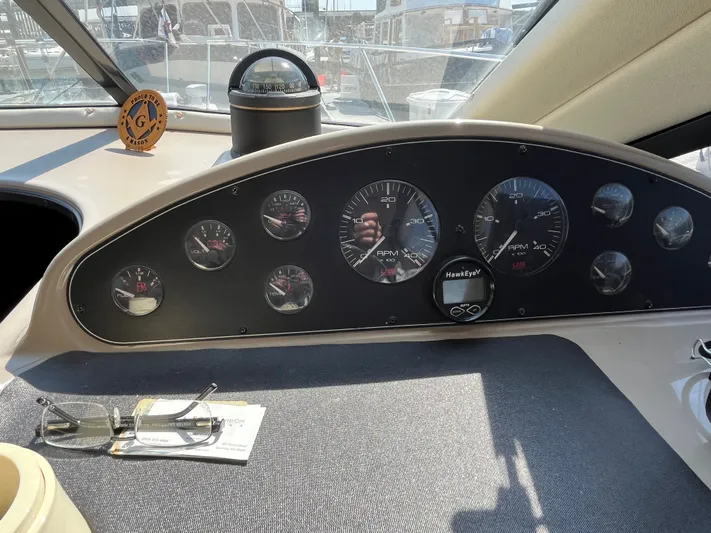  Yacht Photos Pics 1996 Bayliner 3788 Command Bridge Motoryacht dashboard with gauges and compass.