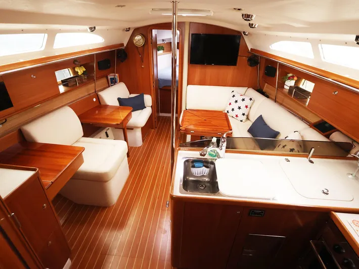  Yacht Photos Pics Luxurious interior of 2021 Catalina C355 yacht with wood finish and cozy seating.