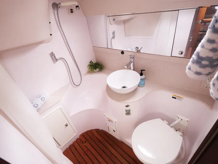  Yacht Photos Pics Modern bathroom in 2021 Catalina C355 yacht with shower, sink, and toilet.