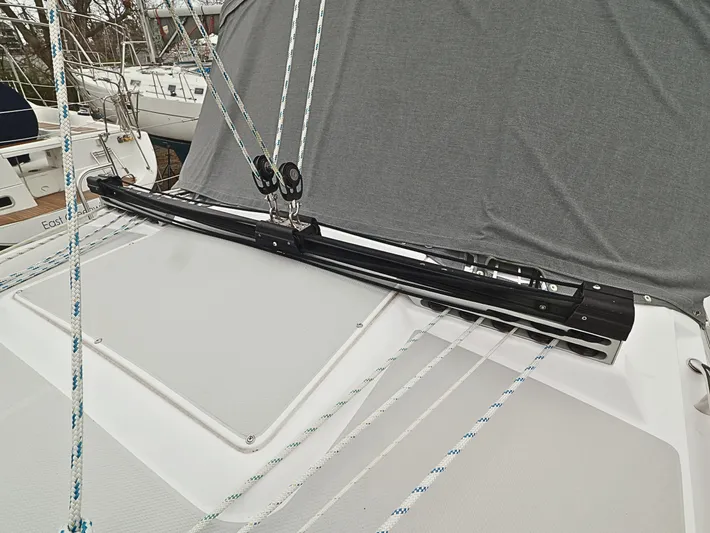  Yacht Photos Pics Catalina C355 sailboat deck with rigging and cover, 2021 model.