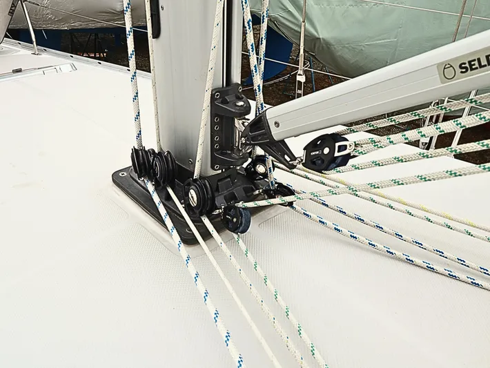  Yacht Photos Pics Close-up of Catalina C355 sailboat rigging and mast, 2021 model.