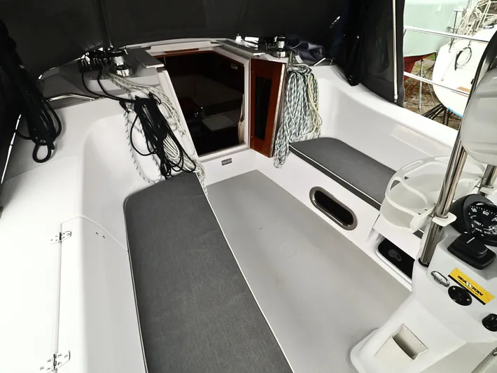  Yacht Photos Pics Cockpit of 2021 Catalina C355 sailboat with seating and nautical equipment.