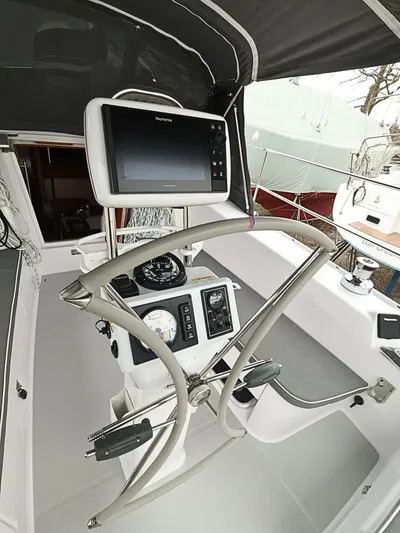  Yacht Photos Pics Cockpit of 2021 Catalina C355 sailboat with navigation equipment and steering wheel.