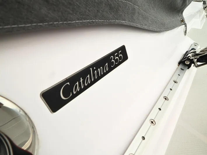  Yacht Photos Pics Catalina C355 sailboat, 2021 model, close-up of nameplate and deck details.