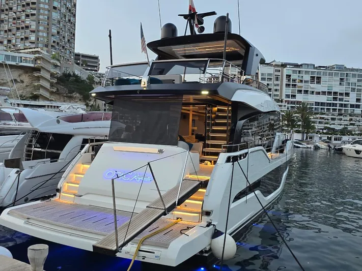  Yacht Photos Pics Luxury Cranchi Sessantasette 67 yacht docked in marina, 2023 model.