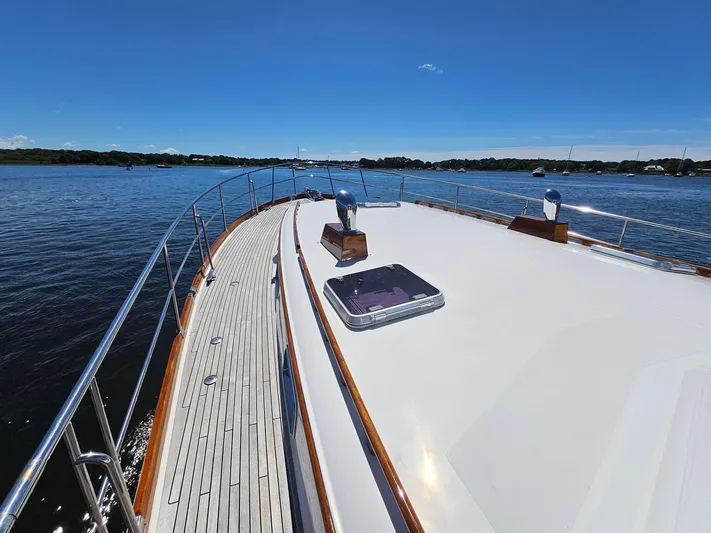 Ballena Yacht Photos Pics 2002 Grand Banks 49 Eastbay HX yacht deck with scenic water view.