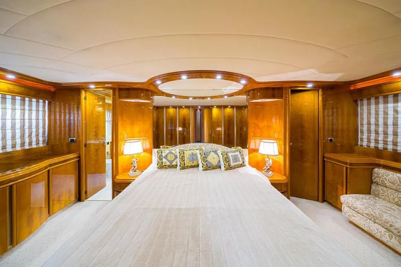  Yacht Photos Pics Luxurious Astondoa 82 GLX 2000 yacht bedroom with elegant wood paneling and ambient lighting.