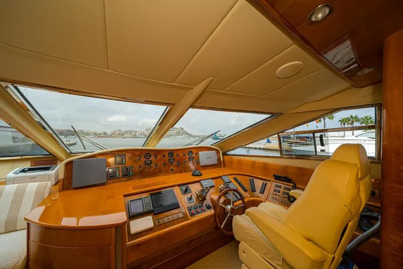  Yacht Photos Pics Luxurious helm of 2000 Astondoa 82 GLX yacht with panoramic windows and advanced controls.