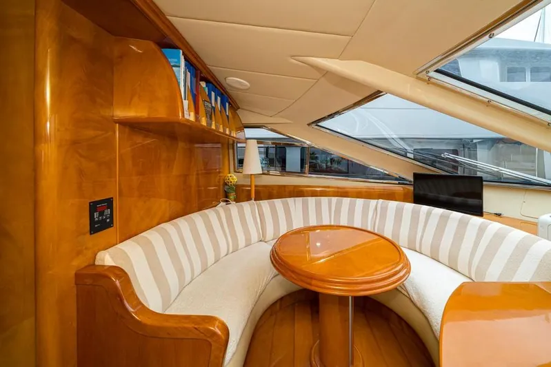  Yacht Photos Pics Luxurious interior of 2000 Astondoa 82 GLX yacht with elegant seating and wooden finishes.