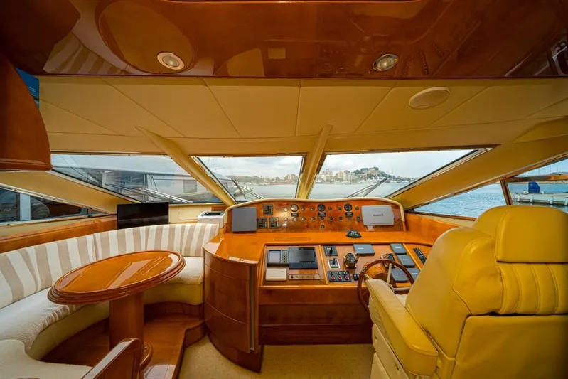 Yacht Photos Pics Luxurious helm of 2000 Astondoa 82 GLX yacht with panoramic windows and elegant seating.