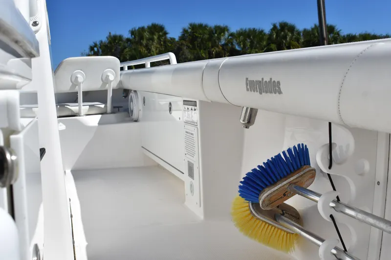  Yacht Photos Pics 2018 Everglades 273 Center Console boat interior with cleaning brushes and equipment.