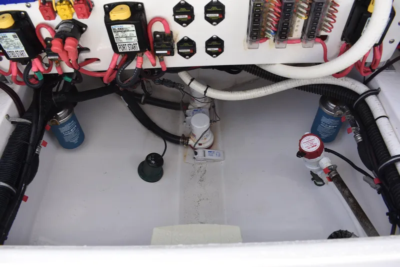  Yacht Photos Pics Electrical and mechanical components inside a 2018 Everglades 273 Center Console boat.