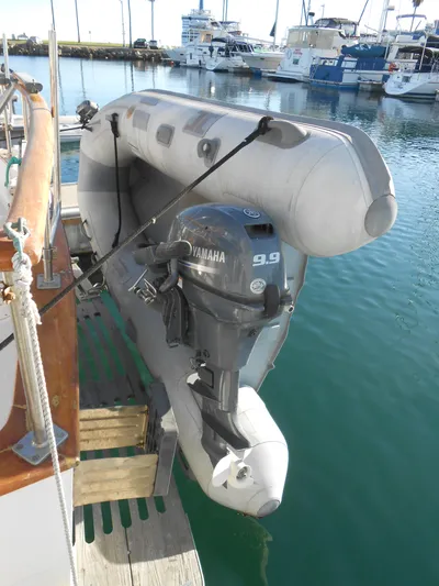 Ahoy Vey Yacht Photos Pics Inflatable boat with Yamaha 9.9 motor on 1978 CHB 34 Aft Cabin yacht.