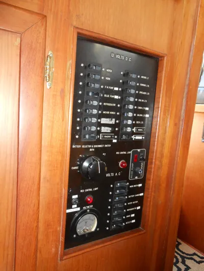 Ahoy Vey Yacht Photos Pics Electrical panel on 1978 CHB 34 Aft Cabin boat, featuring switches and gauges.