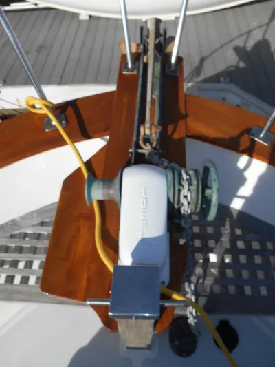 Ahoy Vey Yacht Photos Pics 1978 CHB 34 Aft Cabin boat deck with anchor winch and wooden details.