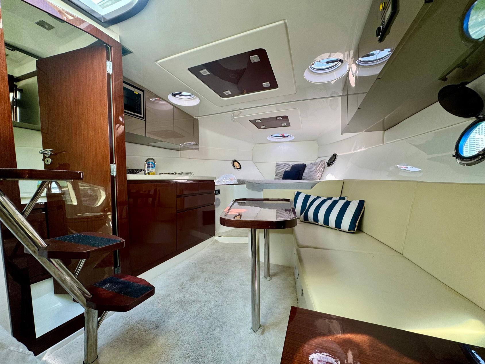 Luxurious interior of 2023 Schaefer 375 yacht with modern furnishings and elegant design.