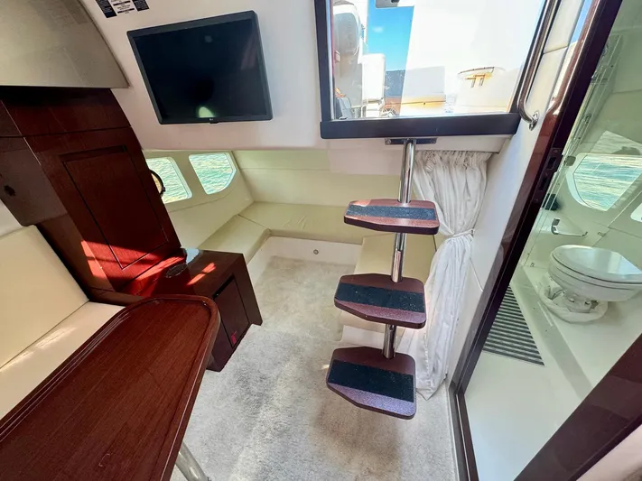 Dream Big Yacht Photos Pics Interior of 2023 Schaefer 375 yacht with modern design and compact staircase.