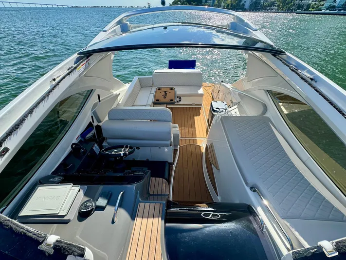 Dream Big Yacht Photos Pics Luxurious 2023 Schaefer 375 yacht interior with sleek design and spacious seating on the water.