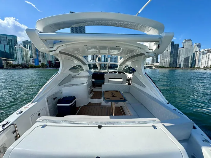 Dream Big Yacht Photos Pics Luxury Schaefer 375 yacht interior with city skyline, 2023 model.